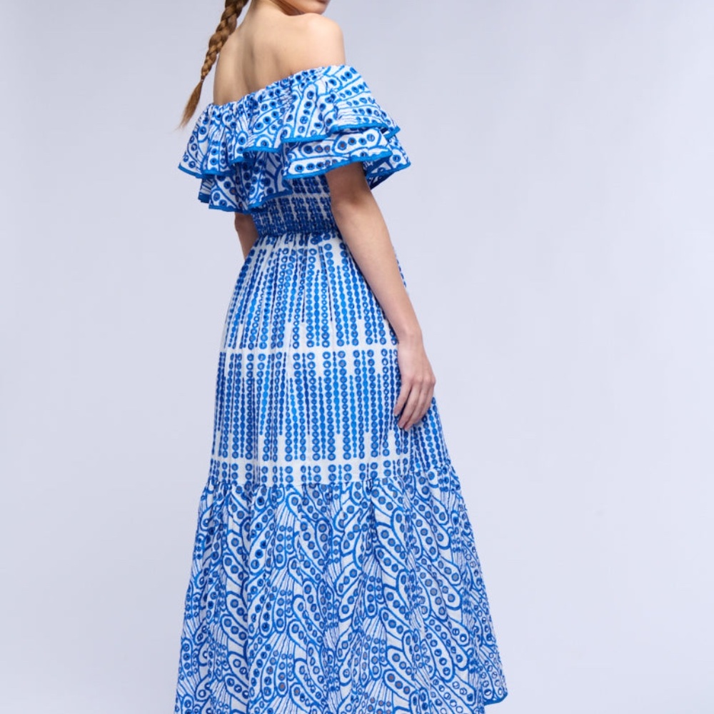Akira, Gorgeous Blue And White, Eyelet, Embroidered Ruffled Maxi Dress, Size L - Picture 5 of 6